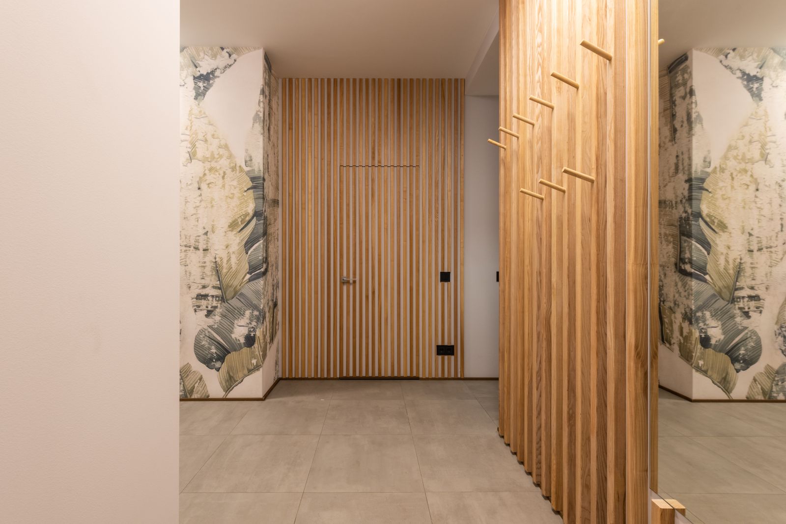 Stock reference of vertical wood paneling in a hallway